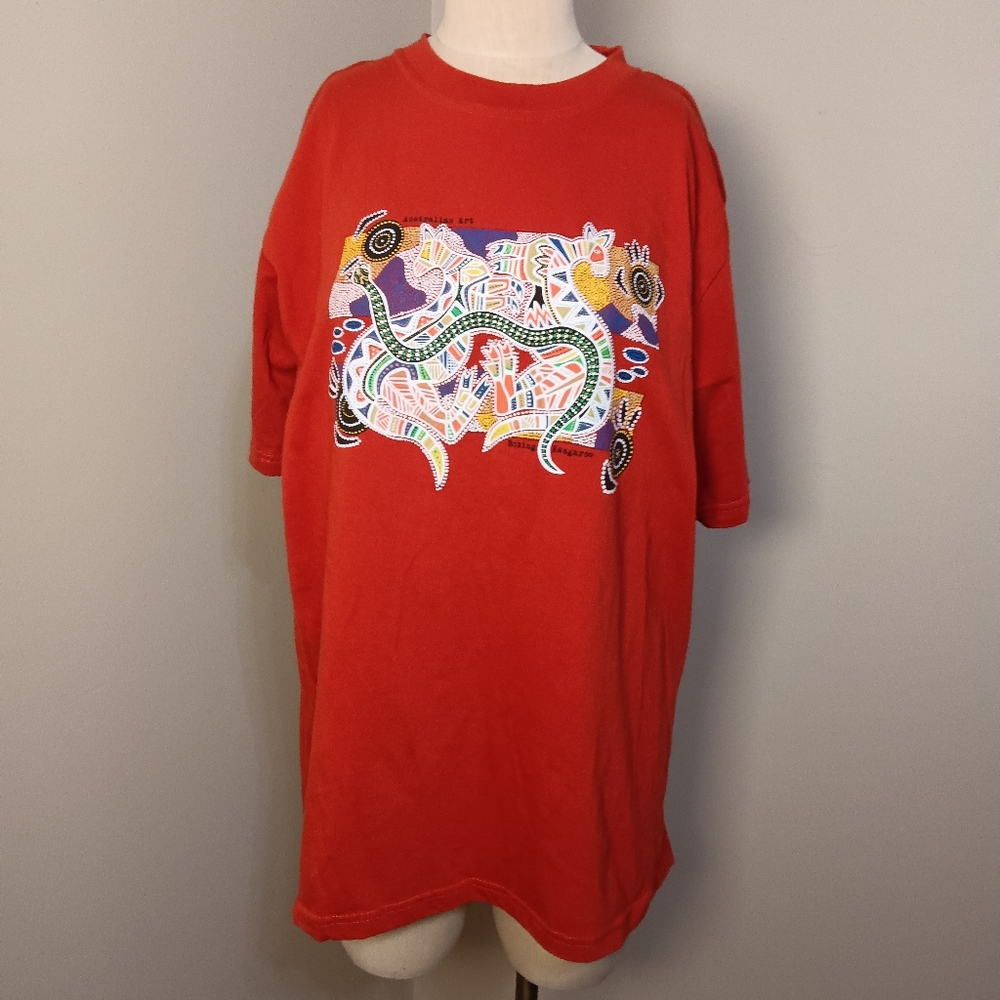 Rare Vintage! 90s AUSTRALIA Orange Aboriginal Art Kangaroo Snake Tee Shirt Sz XL